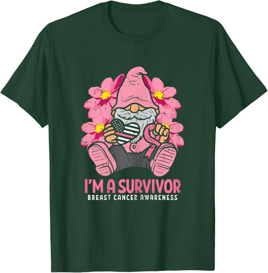 Breast Cancer Survivor Pink Ribbon Gnome US Flag Heart Gift T-Shirt - T-Shirt | Forest