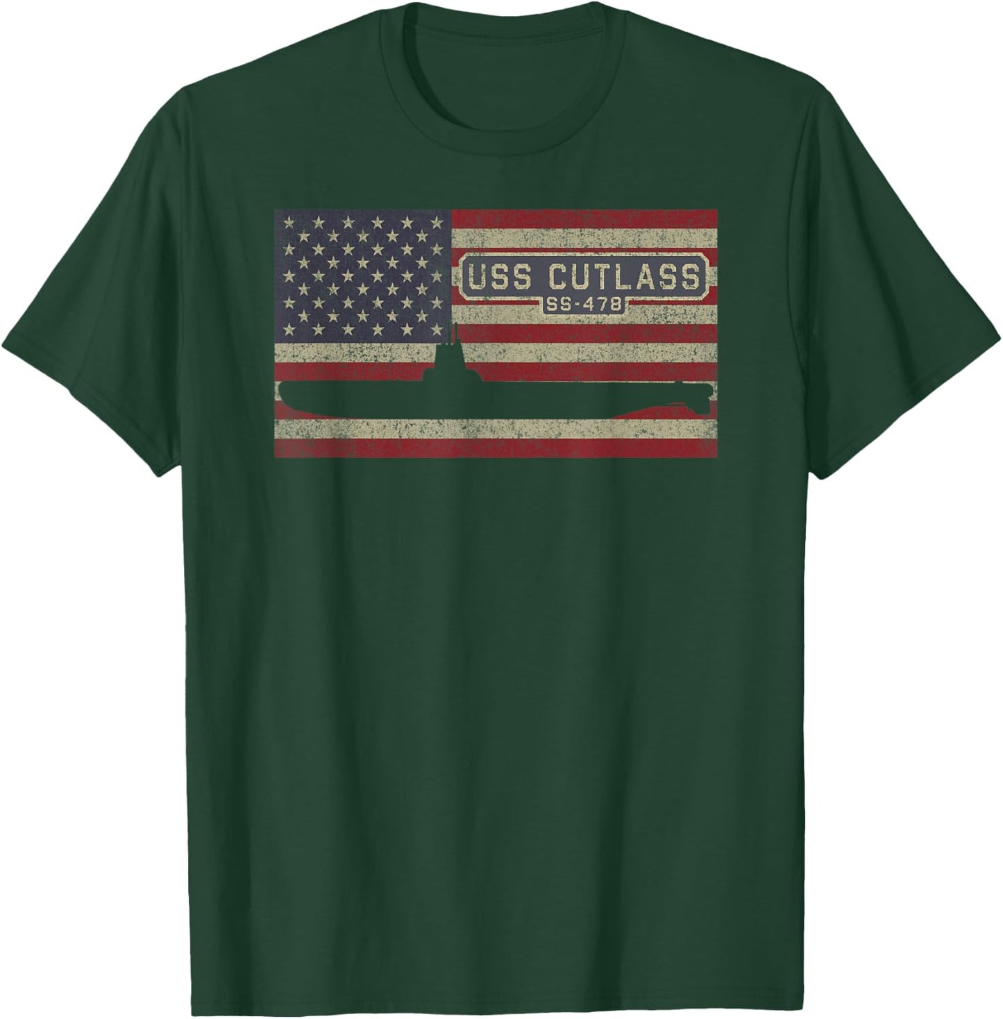 USS Cutlass SS-478 Submarine USA American Flag T-Shirt - T-Shirt | Forest