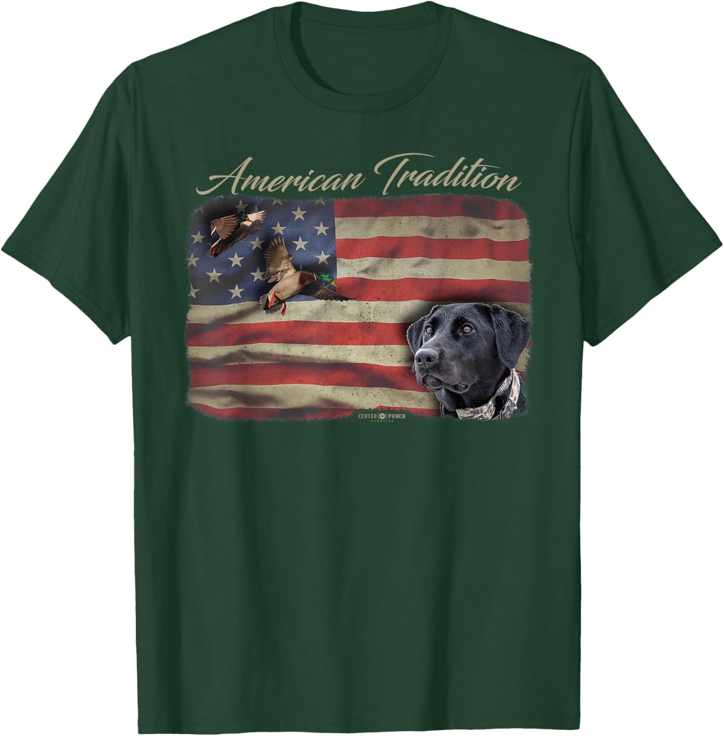 American Tradition Waterfowl Duck Hunting Dog Black Lab Flag Men Women Kids T-Shirt - T-Shirt | Forest