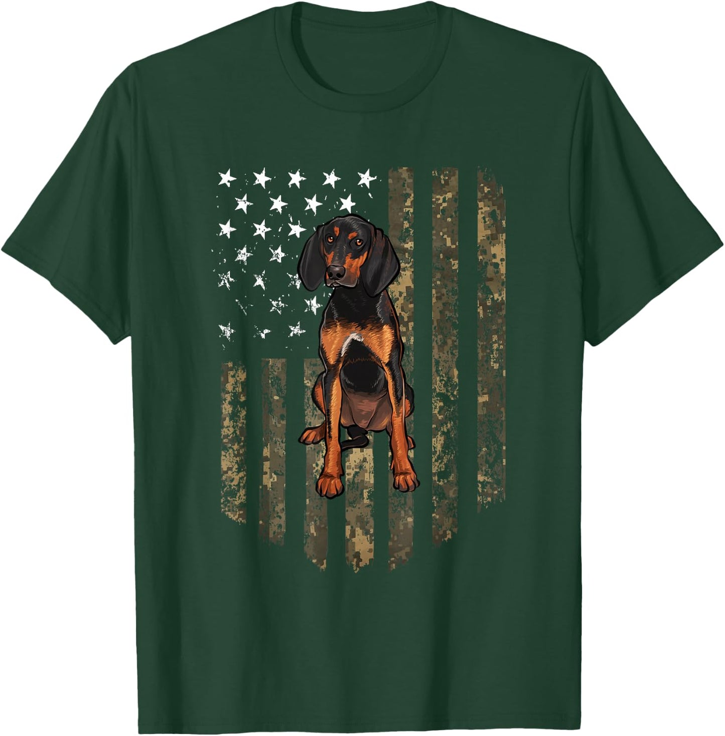 Camo American Flag Black and Tan Coonhound 4th Of July USA T-Shirt - T-Shirt | Forest