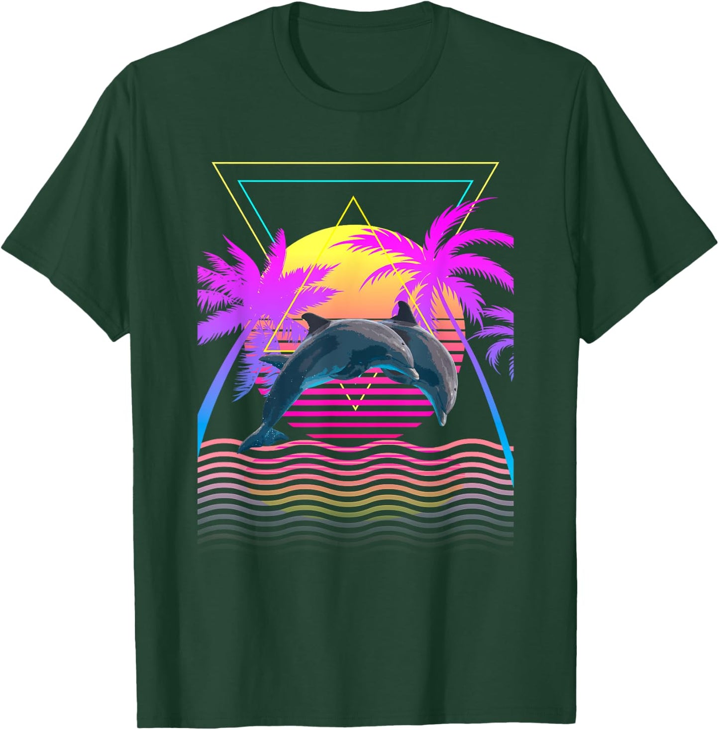 Retro 1980s 1990s Dolphins Palm Trees Sunset Beach Art T-Shirt - T-Shirt | Forest