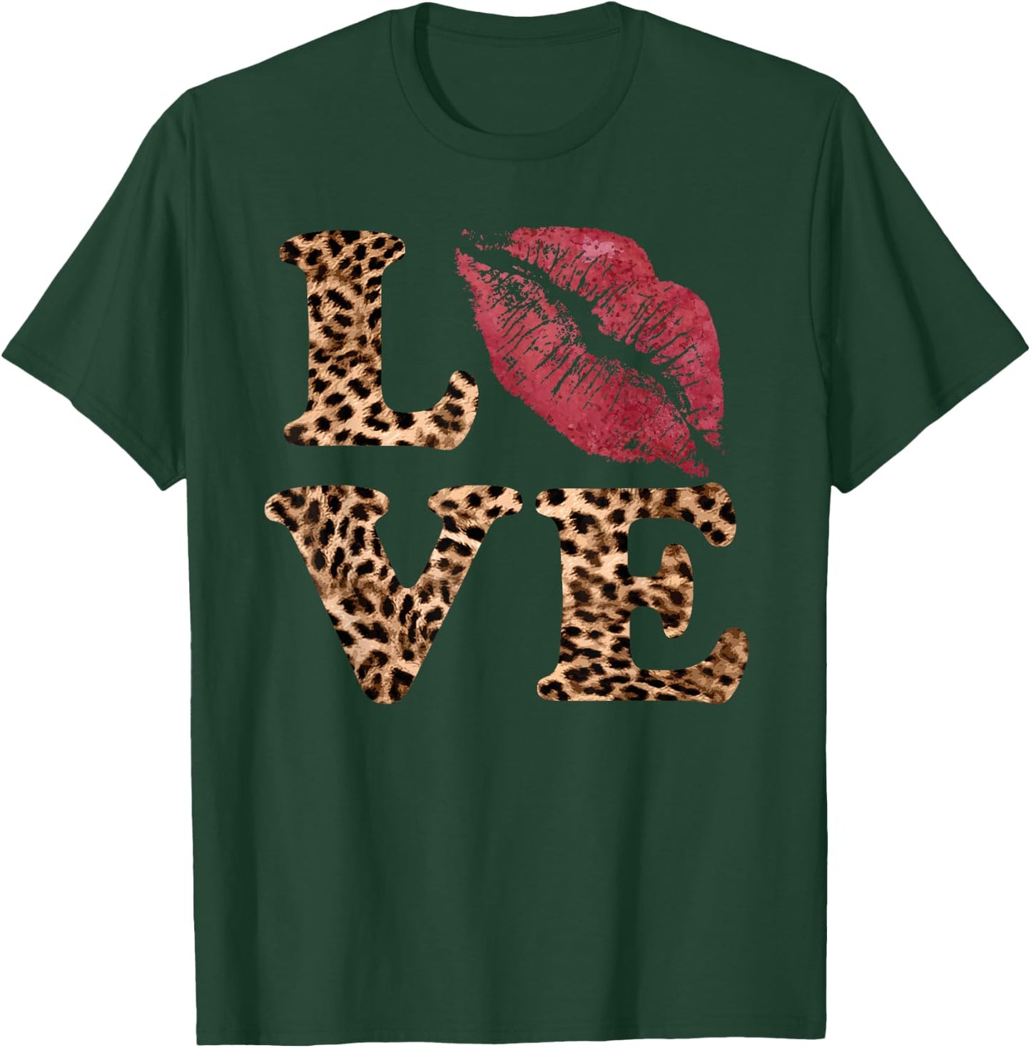 Leopard Print LOVE Red Lips Word Letter Cute Valentine T-Shirt - T-Shirt | Forest