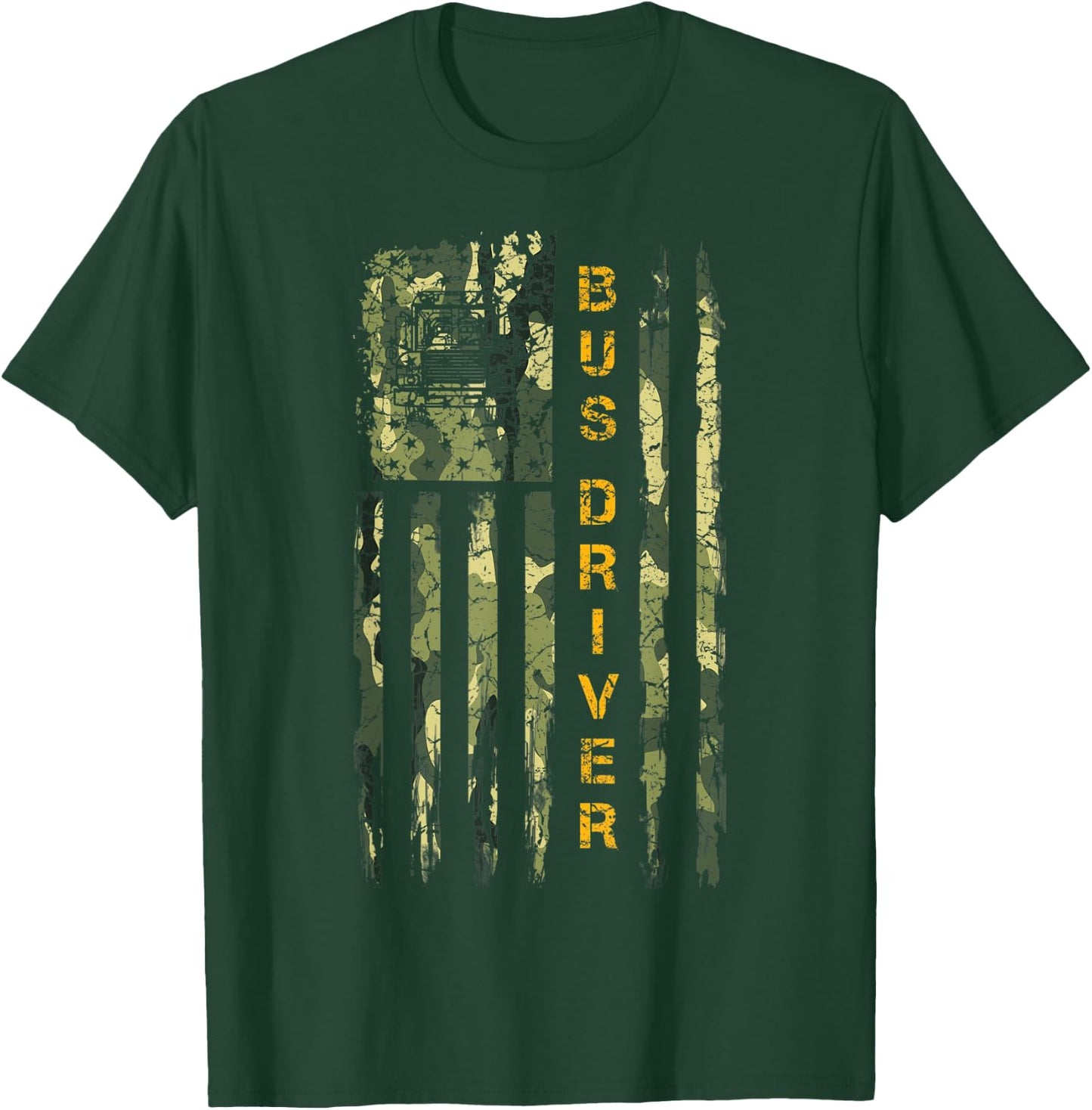 Vintage US Camo Flag School Bus Driver Silhouette Distressed T-Shirt - T-Shirt | Forest