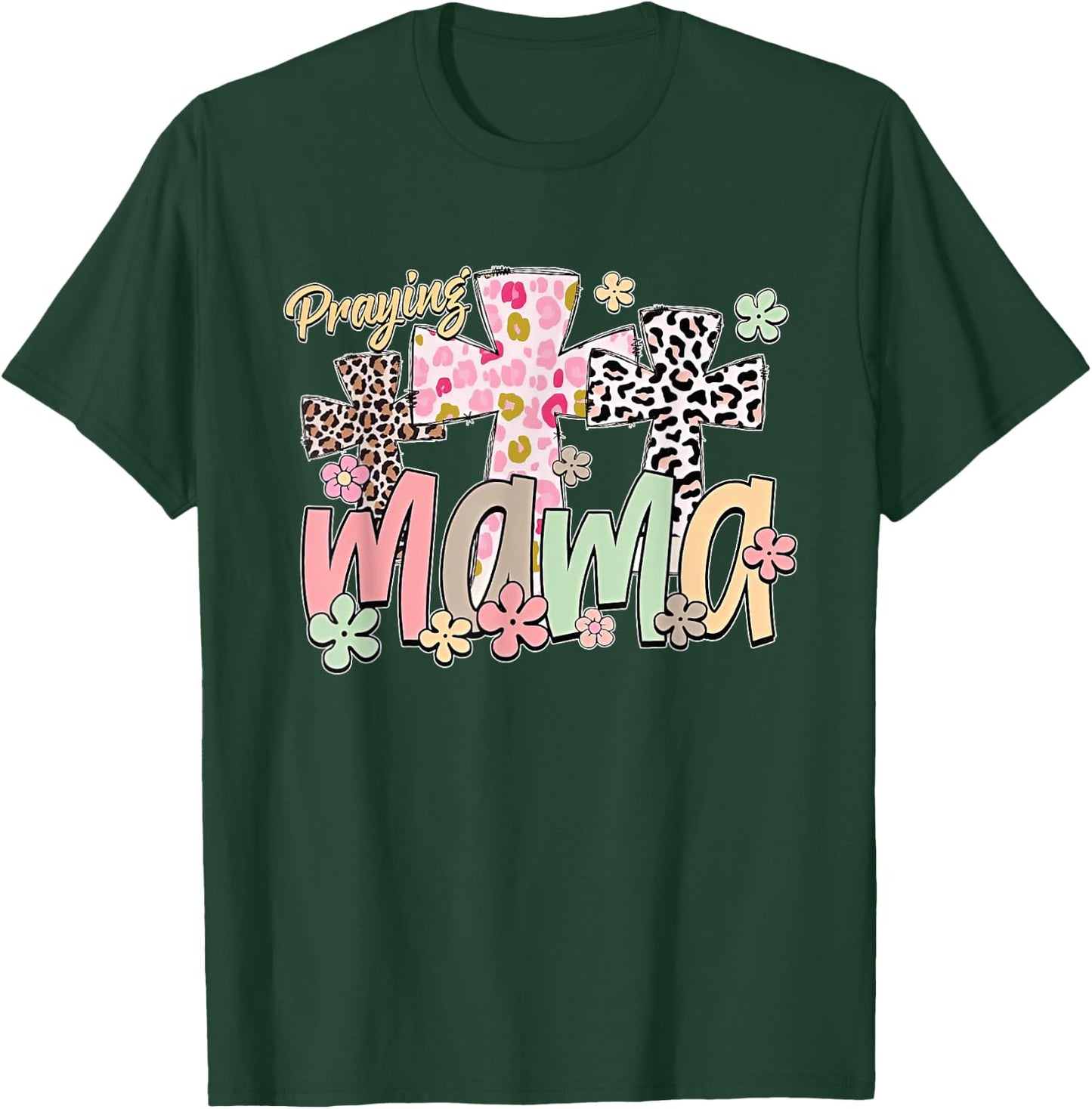 Praying Mama Retro Groovy Leopard Flowers Jesus Mama Women T-Shirt - T-Shirt | Forest