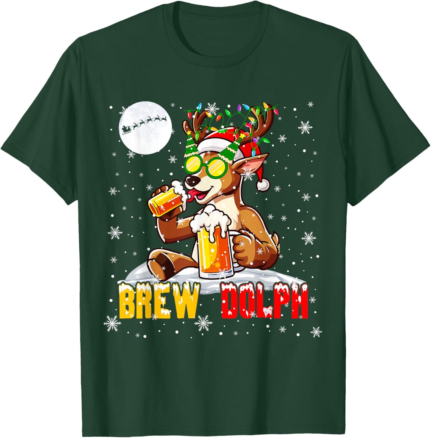 Brew Dolph Funny Reindeer Sunglasses Xmas Tree Drinking Beer T-Shirt - T-Shirt | Forest