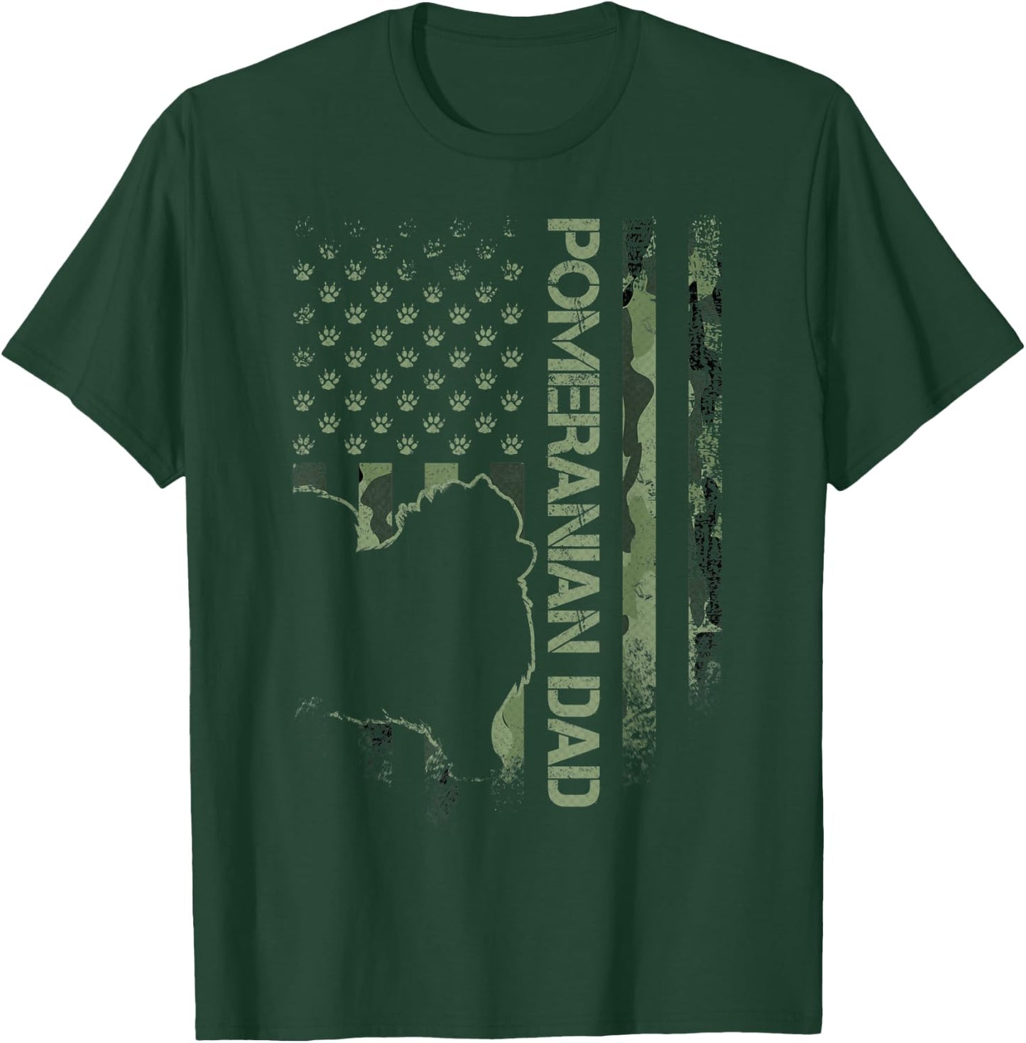American Camo Flag Proud Pomeranian Dog Dad Pom Silhouette T-Shirt - T-Shirt | Forest