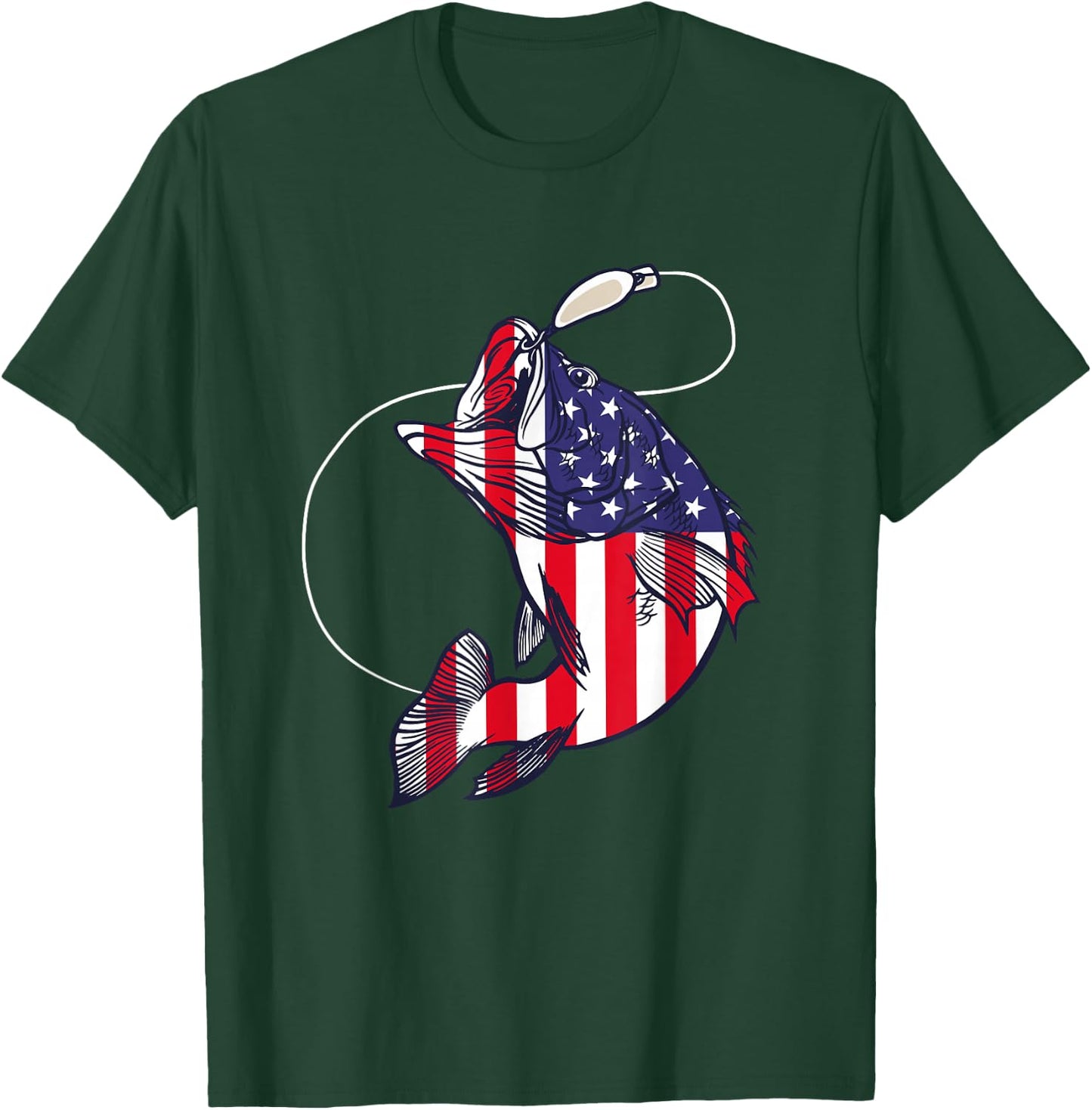 Bass Fishing Fish American Flag Patriotic Fourth of July T-Shirt - T-Shirt | Forest
