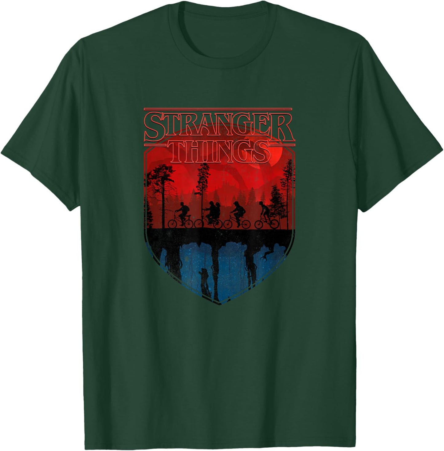 Stranger Things Group Shot Mindflayer Trail Silhouettes T-Shirt - T-Shirt | Forest