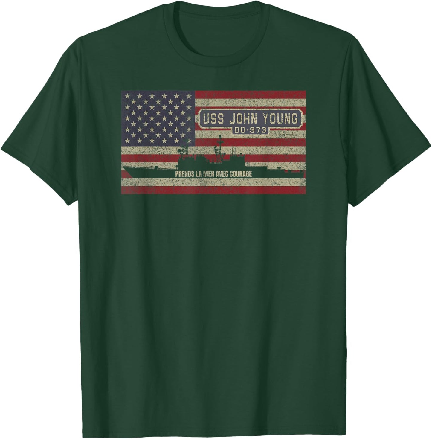 USS John Young DD-973 Destroyer Ship USA American Flag Women Kids Men T-Shirt - T-Shirt | Forest