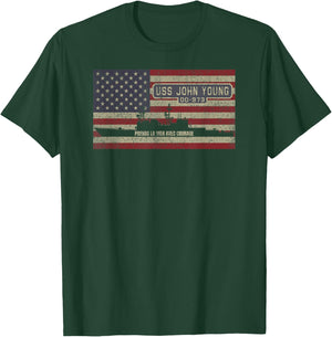 USS John Young DD-973 Destroyer Ship USA American Flag Women Kids Men T-Shirt - T-Shirt | Forest