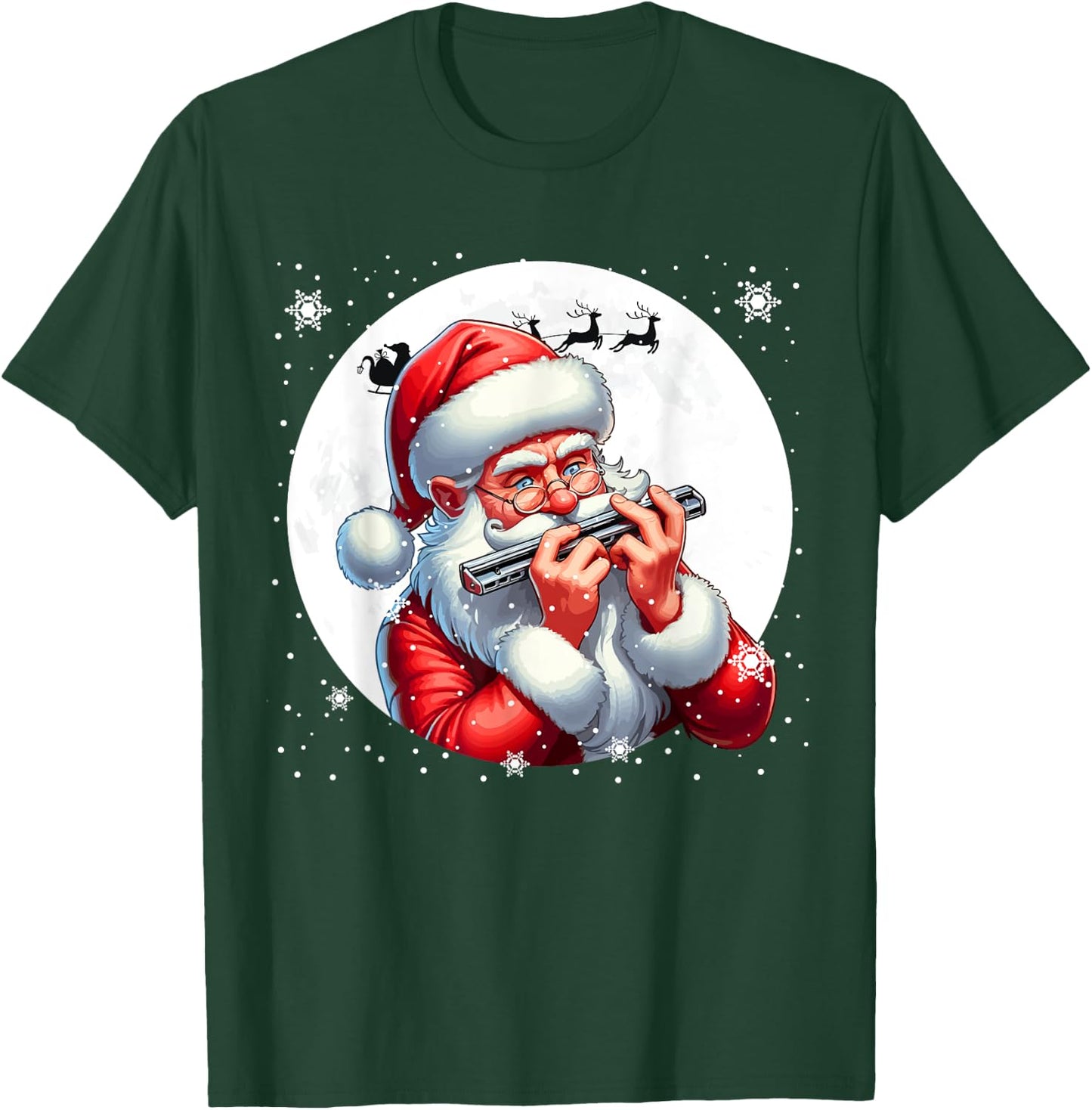 Santa Playing Harmonica Xmas Moon Costume Instrument Music T-Shirt - T-Shirt | Forest