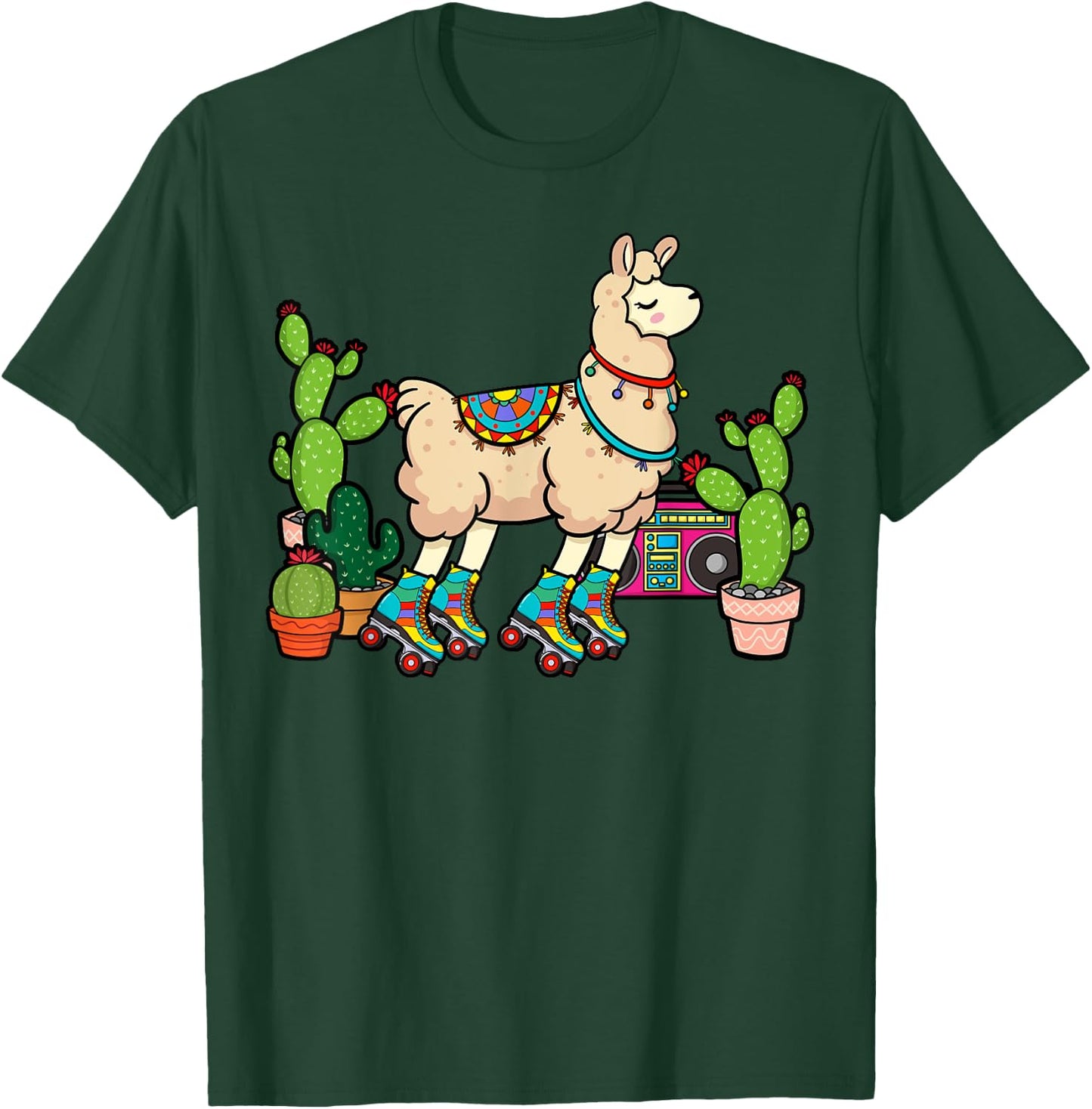 Llama Roller Skates Boombox Ghetto Blaster Vintage 70s T-Shirt - T-Shirt | Forest