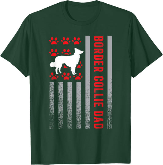 American Flag Border Collie Dad Gift Dog Paw Print Patriotic Women Men T-Shirt - T-Shirt | Forest