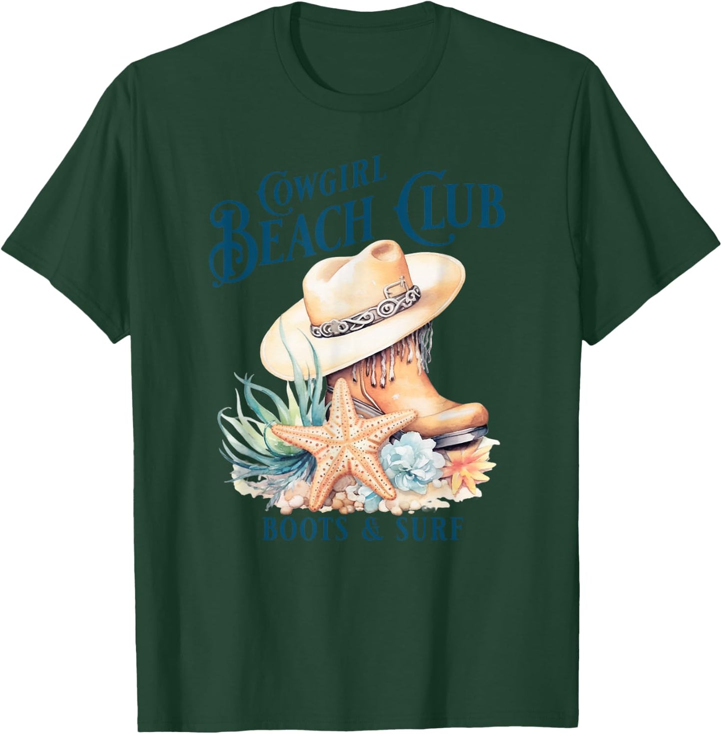 Cowgirl Surf Club, Coastal Boots On The Beach, Beach Cowgirl T-Shirt - T-Shirt | Forest