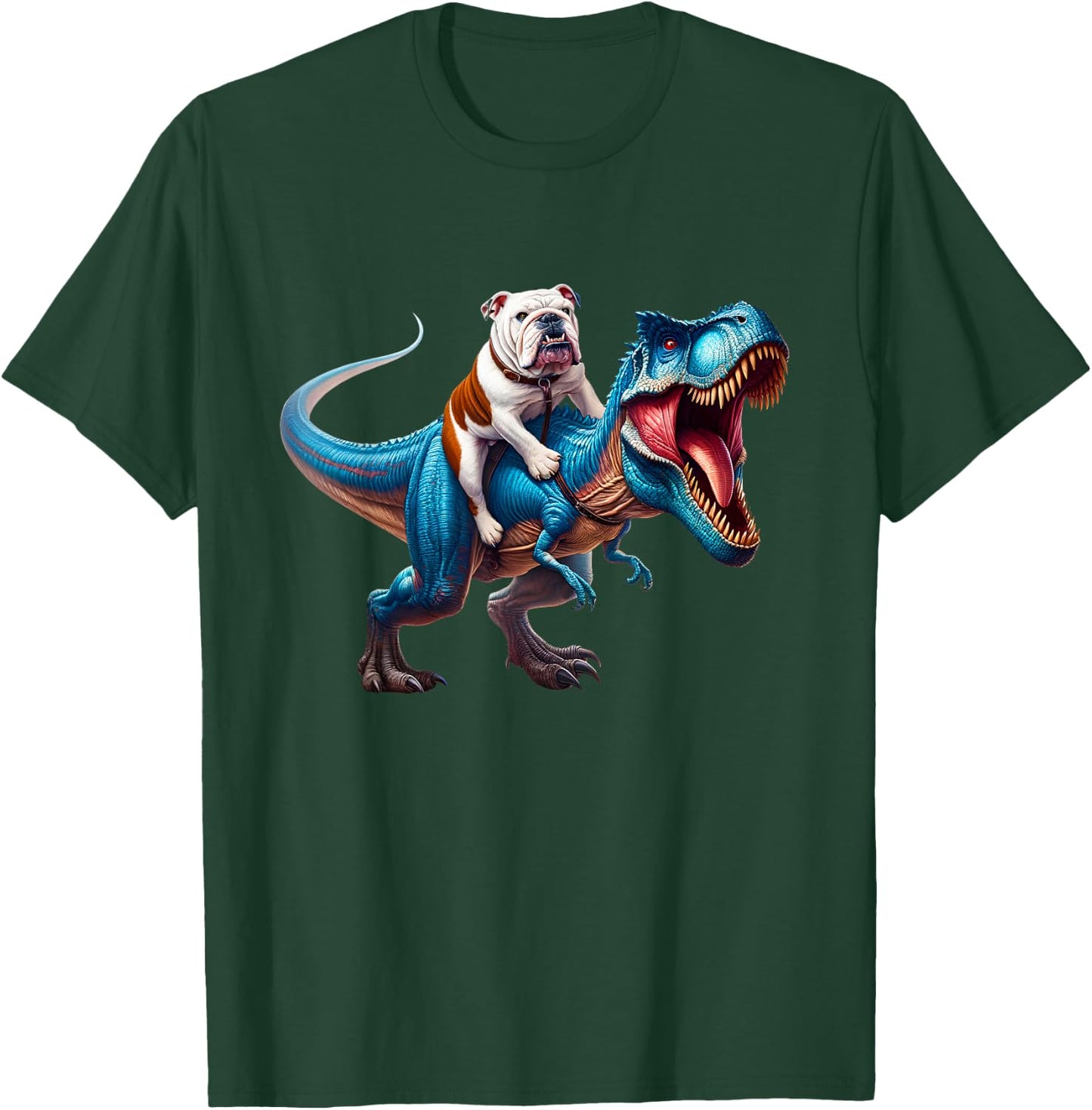 English Bulldog Riding T-Rex Dinosaur Dog Lover T-Shirt - T-Shirt | Forest