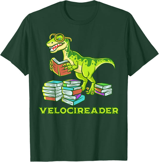 Velocireader Dinosaur Book Reading Velociraptor Dino T-Shirt - T-Shirt | Forest