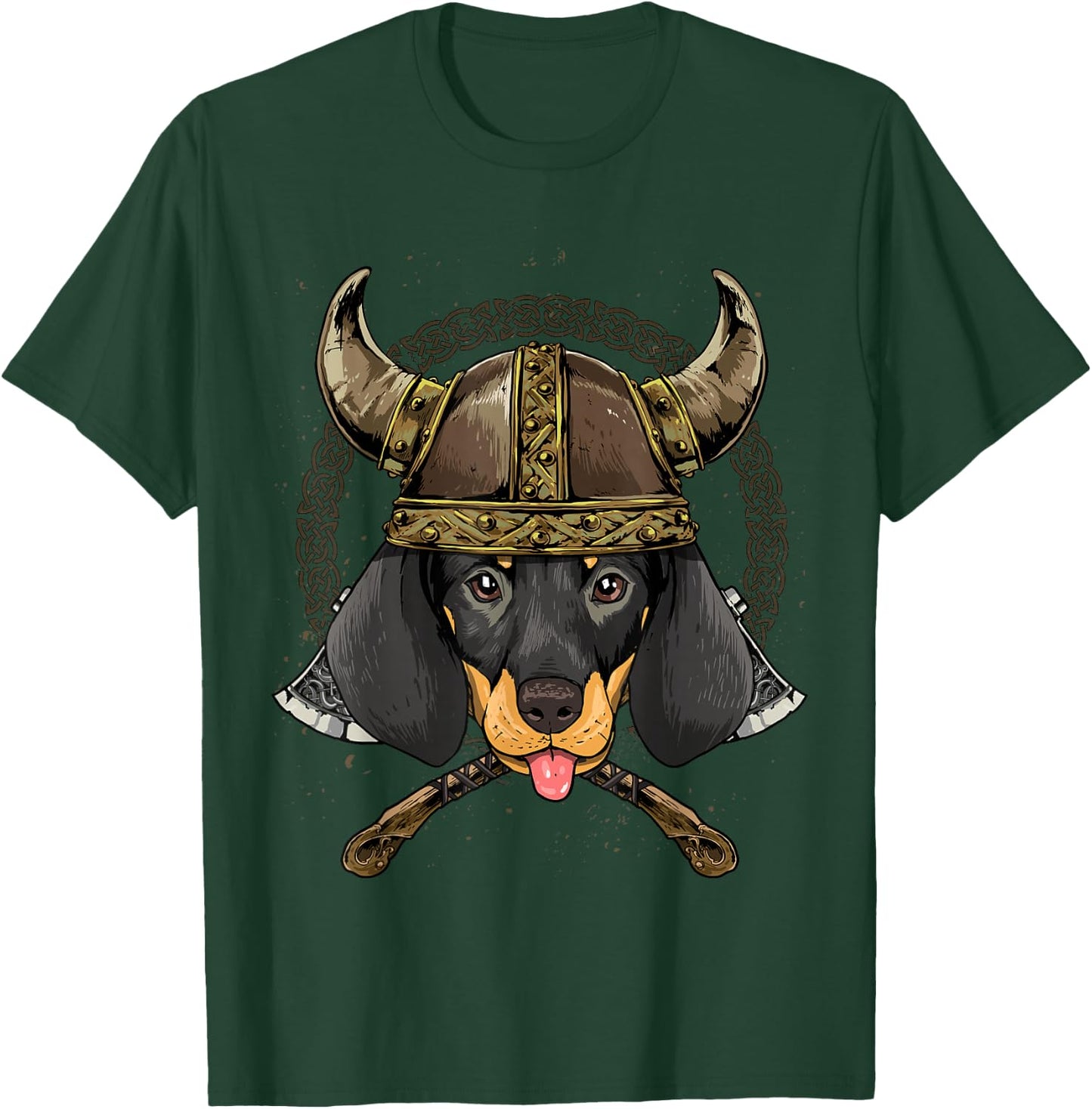 Viking Dachshund Dog with Viking Helmet Mjolnir Axes T-Shirt - T-Shirt | Forest
