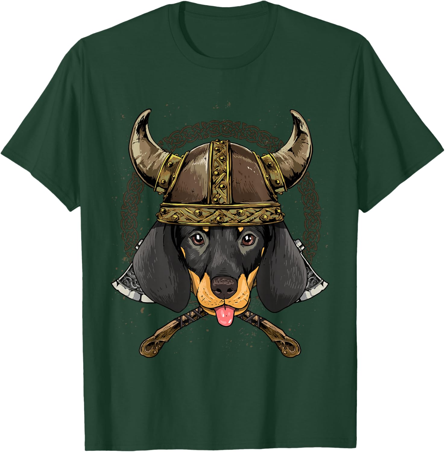 Viking Dachshund Dog with Viking Helmet Mjolnir Axes T-Shirt - T-Shirt | Forest
