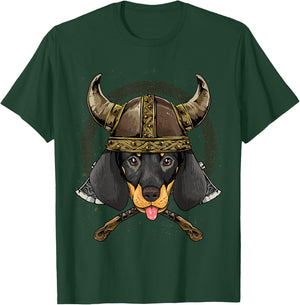 Viking Dachshund Dog with Viking Helmet Mjolnir Axes T-Shirt - T-Shirt | Forest