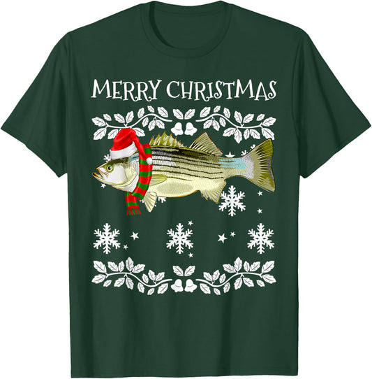 Fish Merry Christmas Ornament Striped Bass Ugly Xmas T-Shirt - T-Shirt | Forest