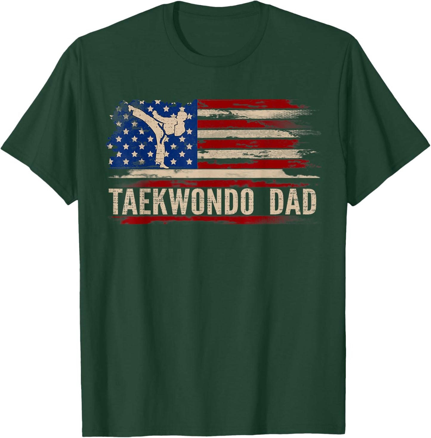Vintage Taekwondo Dad American USA Flag Sports The Kick T-Shirt - T-Shirt | Forest