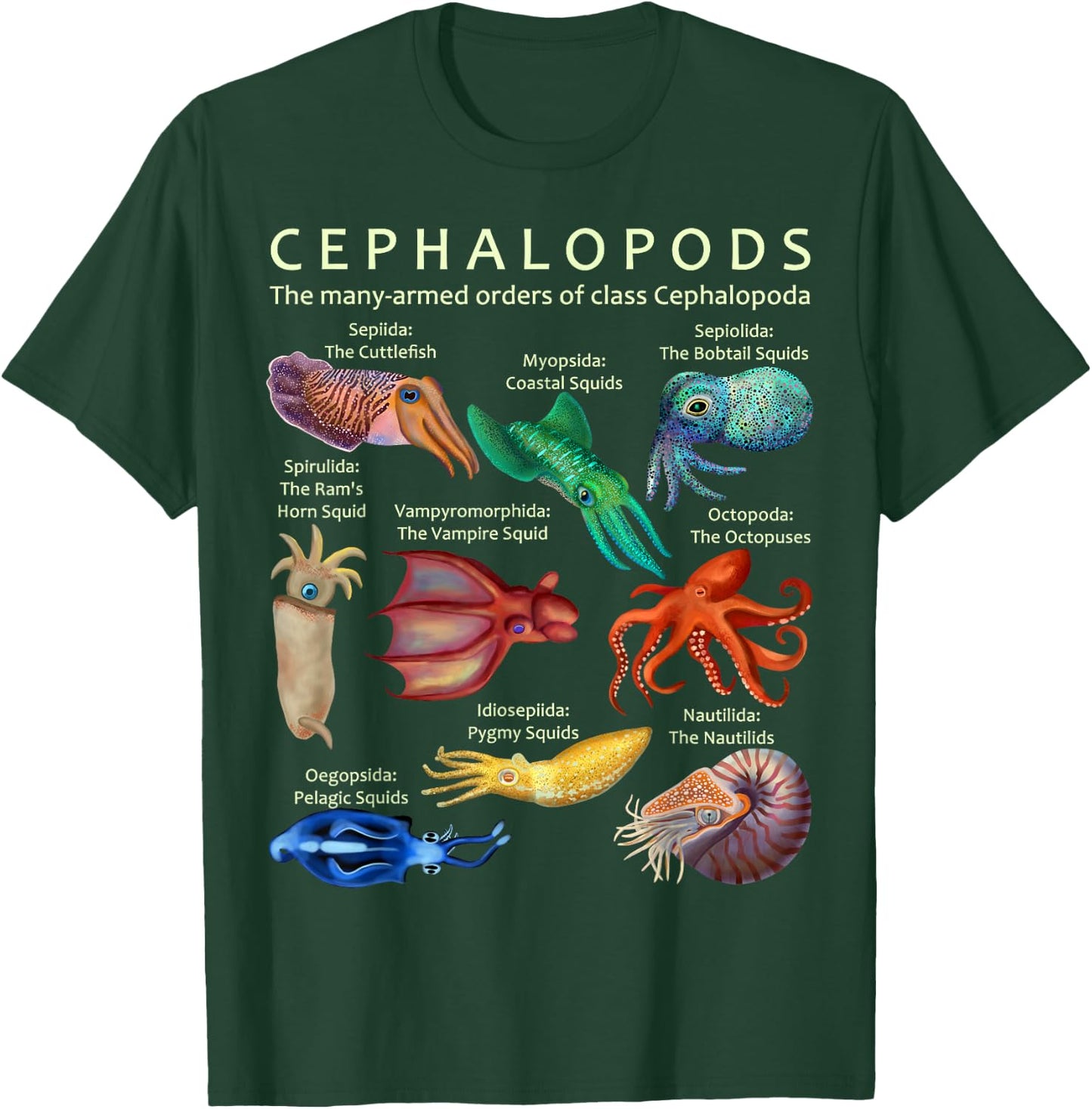 The Cephalopod Octopus Squid Cuttlefish and Nautilus T-Shirt - T-Shirt | Forest