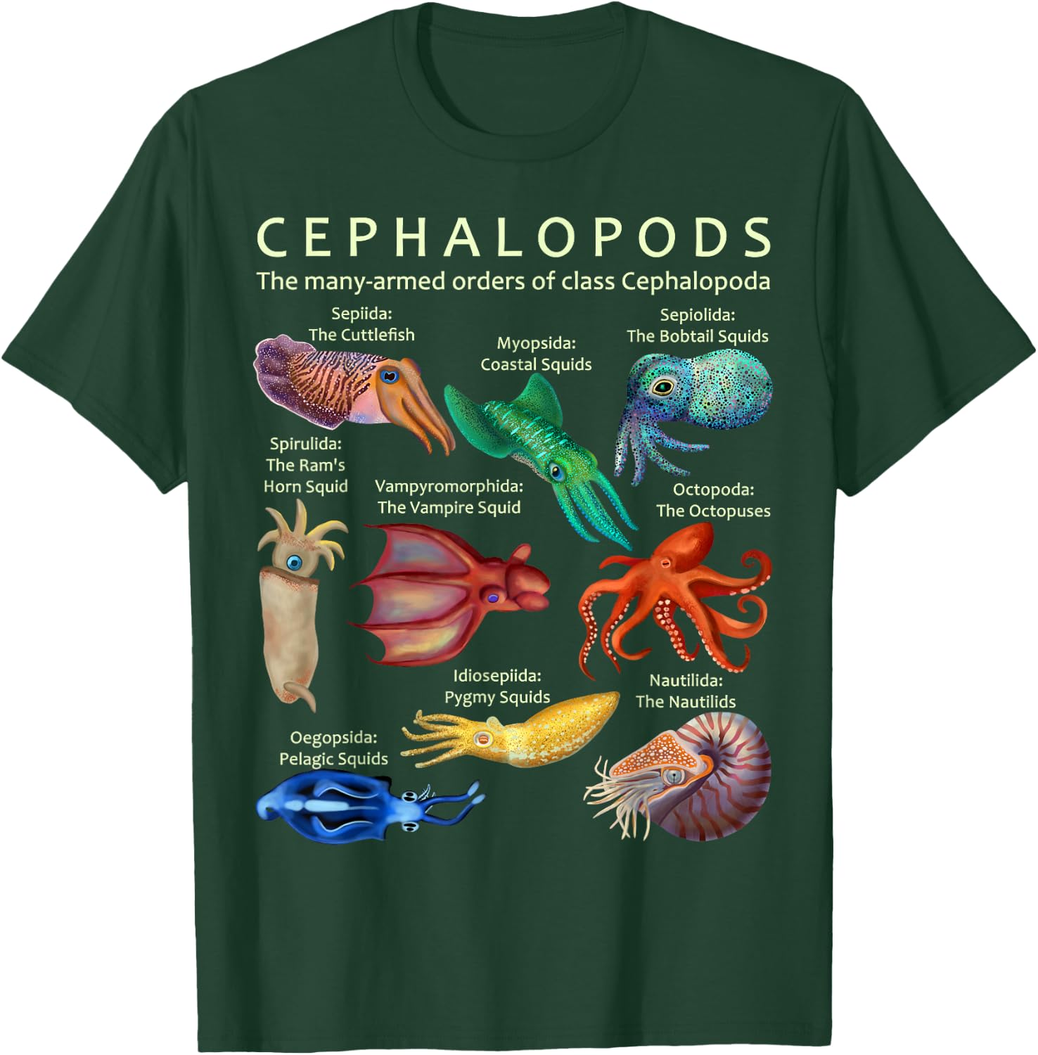 The Cephalopod Octopus Squid Cuttlefish and Nautilus T-Shirt - T-Shirt | Forest