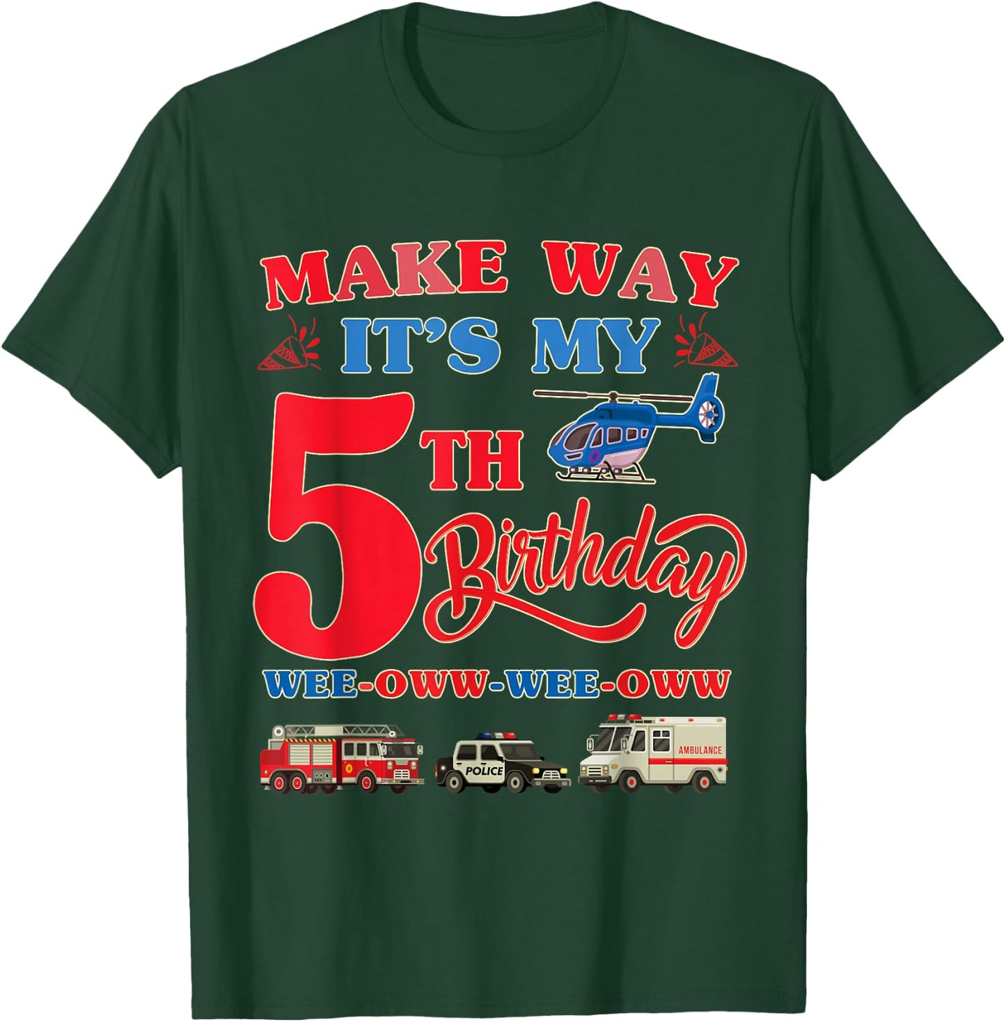 5th birthday Rescue Vehicles Birthday theme 5 year old kids T-Shirt - T-Shirt | Forest