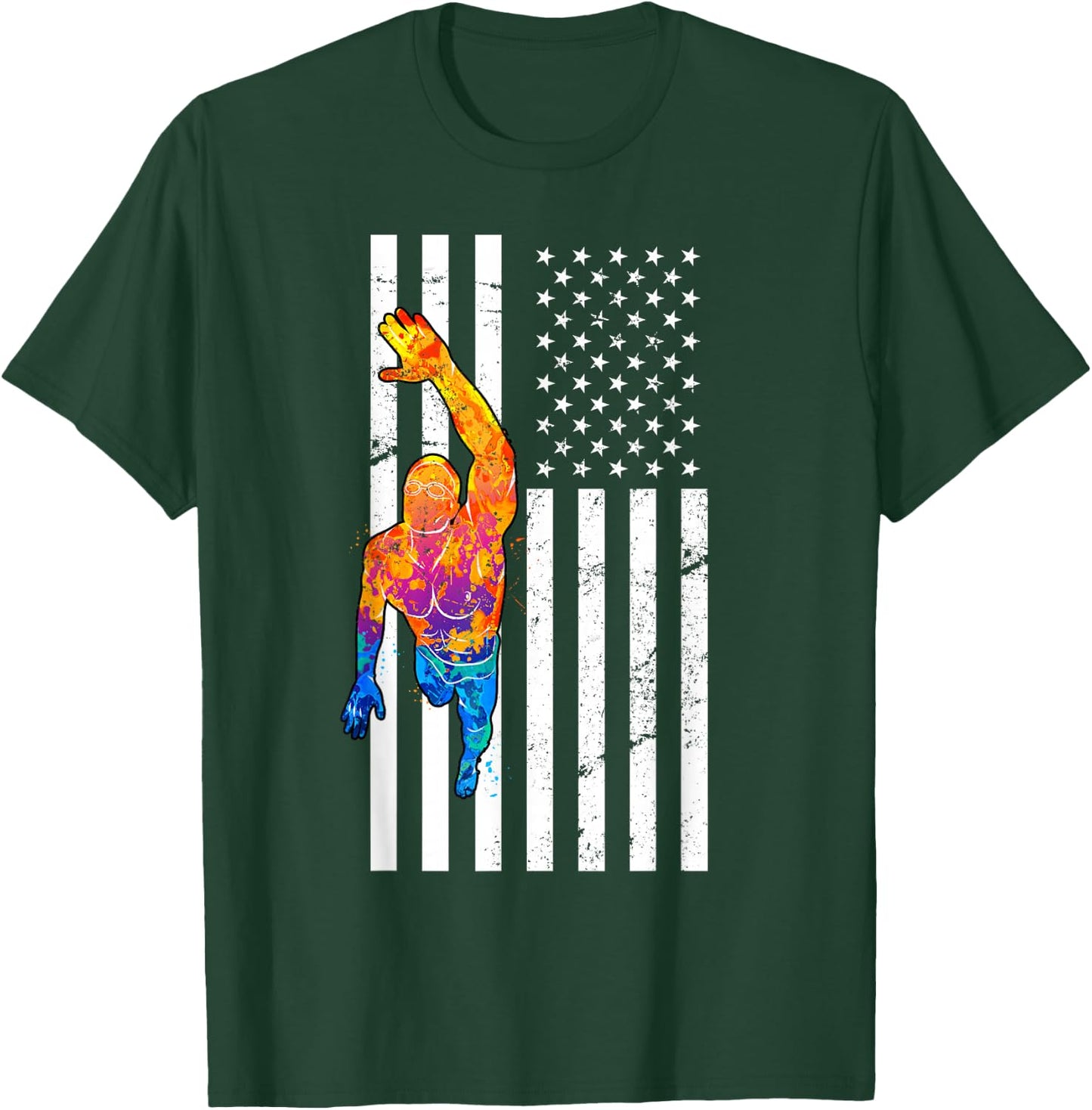 USA Flag Swim Sport Patriotic Swimmer Athlete Swimming T-Shirt - T-Shirt | Forest