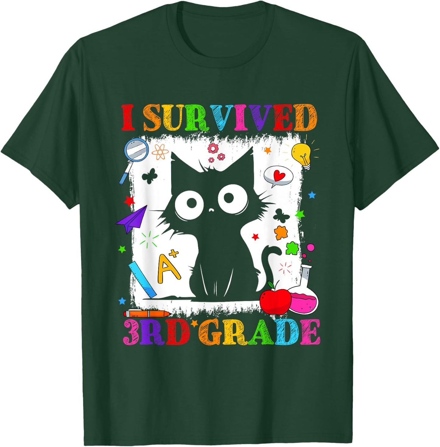 I Survived Third 3rd Grade Funny Graduation Cat Kids T-Shirt - T-Shirt | Forest