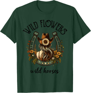 Wild Flowers Wild Horse Cowgirl Riding Horse T-Shirt - T-Shirt | Forest