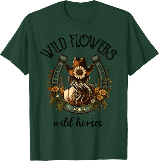Wild Flowers Wild Horse Cowgirl Riding Horse T-Shirt - T-Shirt | Forest