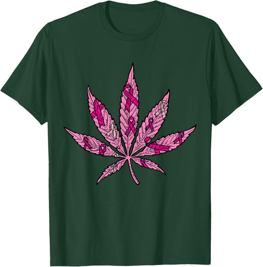 Pink Ribbon Weed Marijuana Cool Breast Cancer Awareness Gift T-Shirt - T-Shirt | Forest