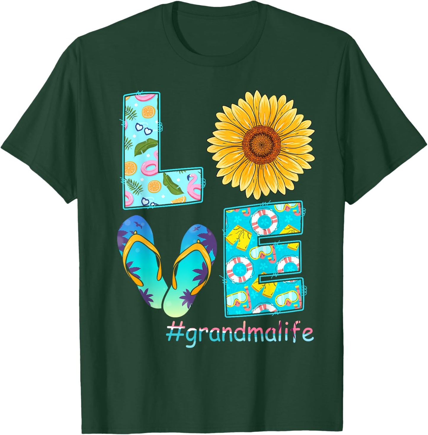 LOVE Grandma Life Flip Flops Hippie Sunflower Summer Women T-Shirt - T-Shirt | Forest
