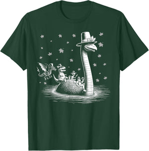 Thanksgiving Bigfoot alien riding loch Ness monster fall T-Shirt - T-Shirt | Forest