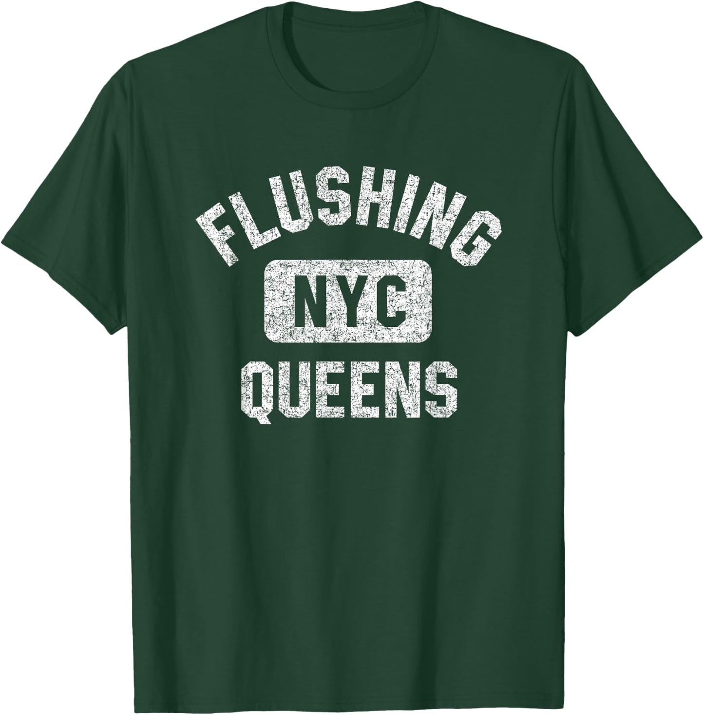 Flushing Queens NYC Gym Style Distressed White Print T-Shirt - T-Shirt | Forest
