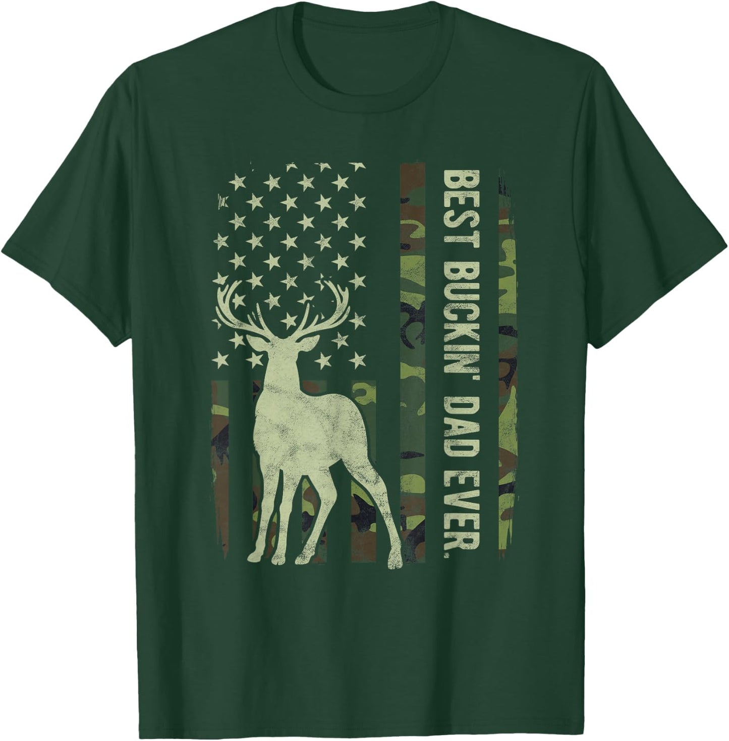 Best Buckin' Dad Camouflage American Flag Deer Hunting T-Shirt - T-Shirt | Forest