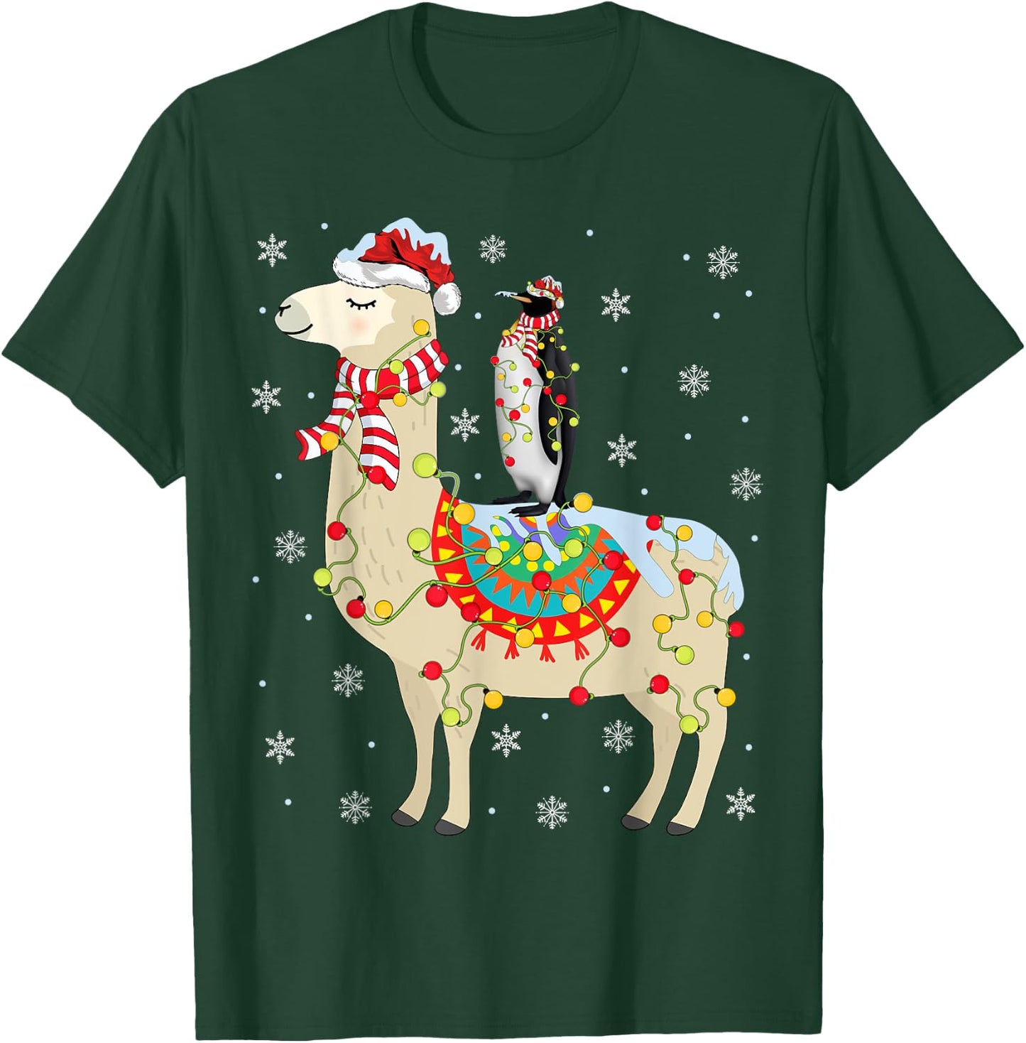 Xmas Lighting Santa Llama Riding Penguin Christmas T-Shirt - T-Shirt | Forest