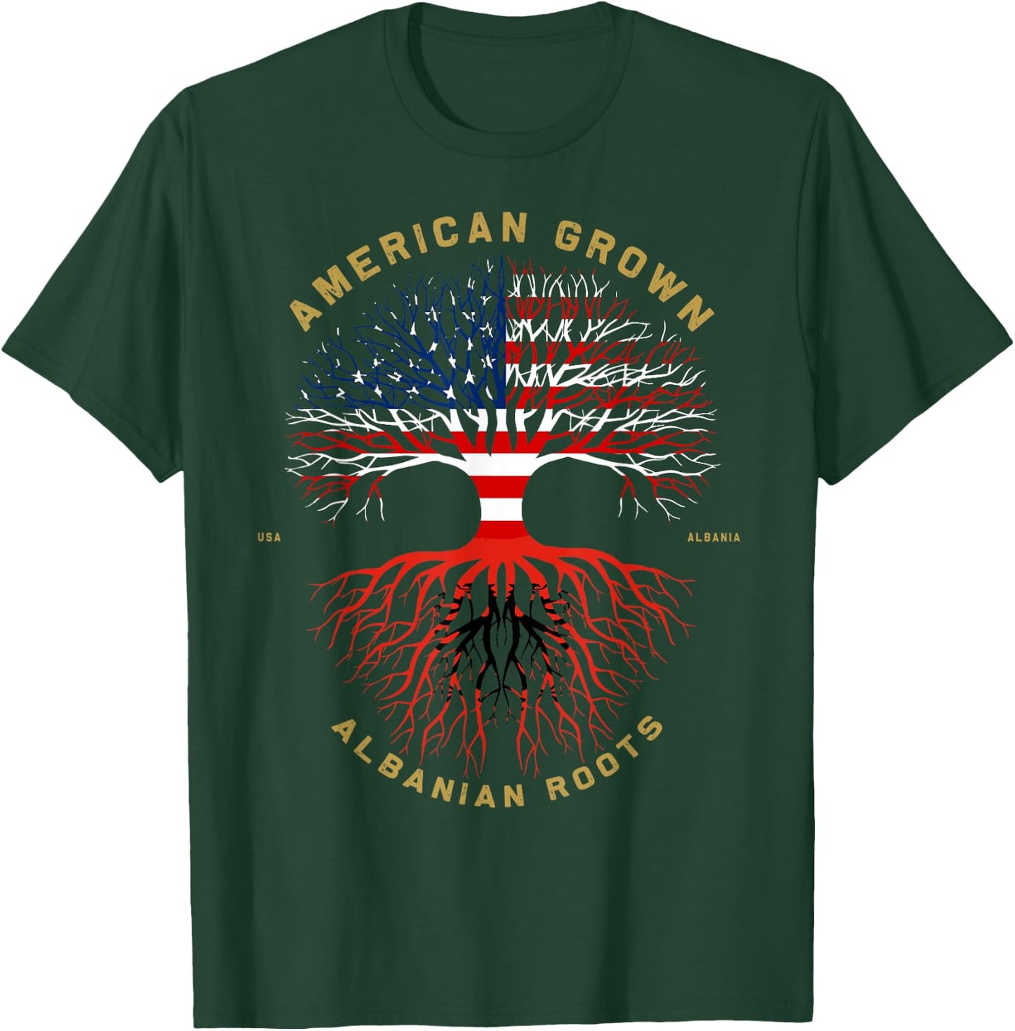 American Grown With Albanian Roots Tree USA Flag Gift T-Shirt - T-Shirt | Forest