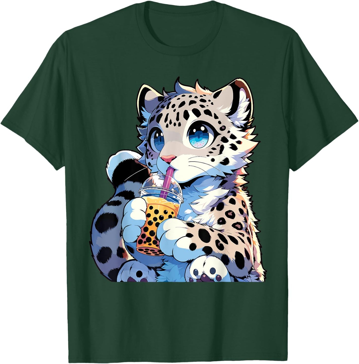 Kawaii Anime Snow Leopard Boba Tea Bubble Tea T-Shirt - T-Shirt | Forest