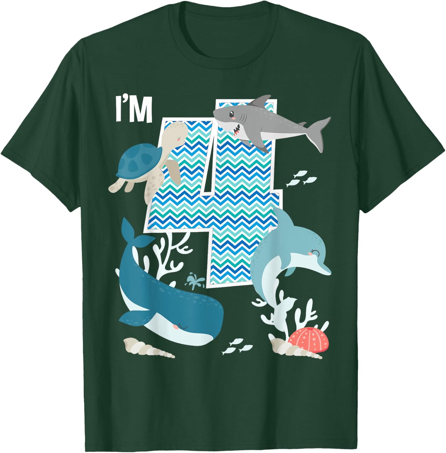 Kids 4 Year Old Ocean Life Whale Dolphin Shark 4th Birthday T-Shirt - T-Shirt | Forest