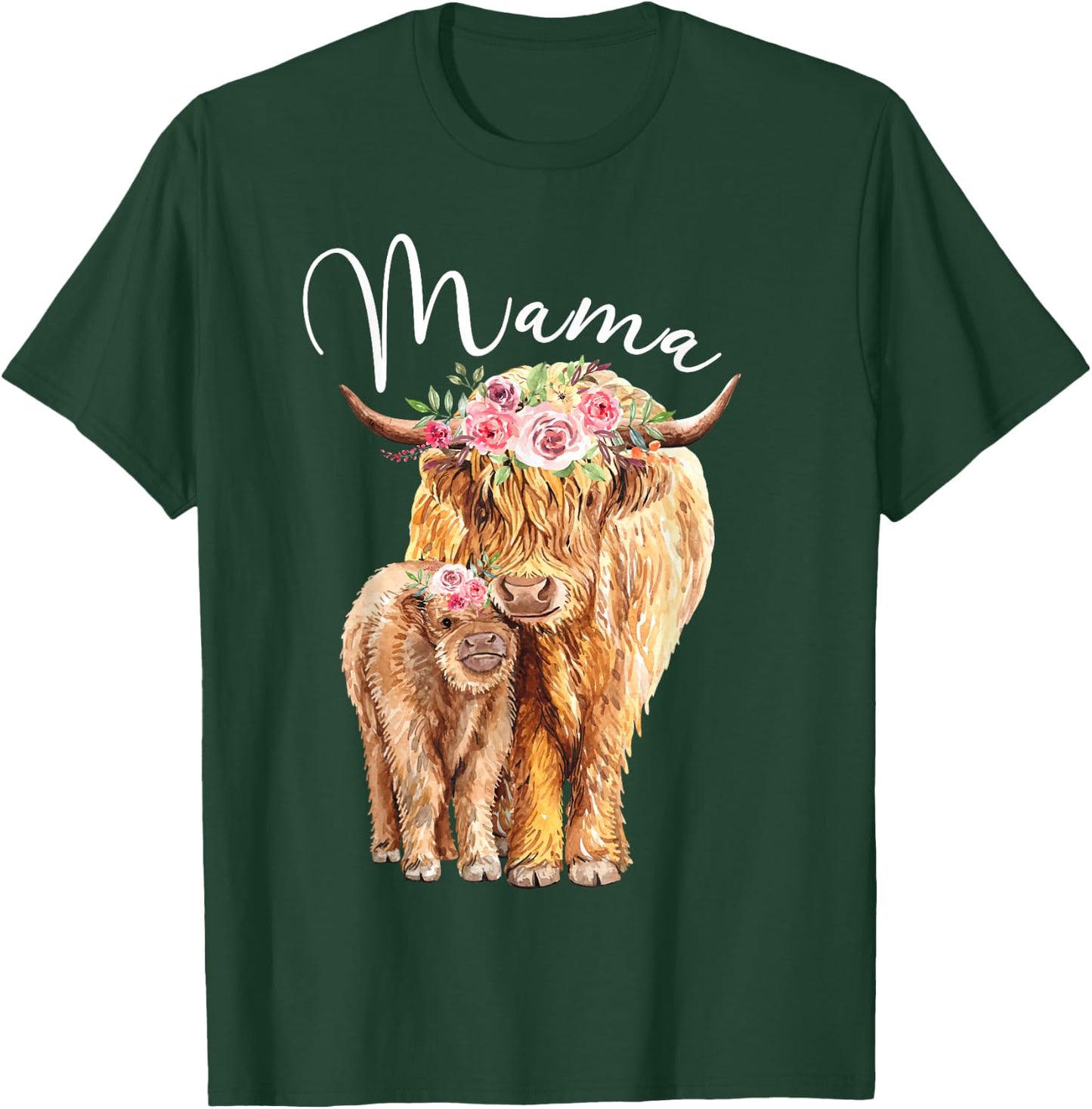 Mama Highland Cow With Baby Calf Floral Mothers Day Mom Gift T-Shirt - T-Shirt | Forest