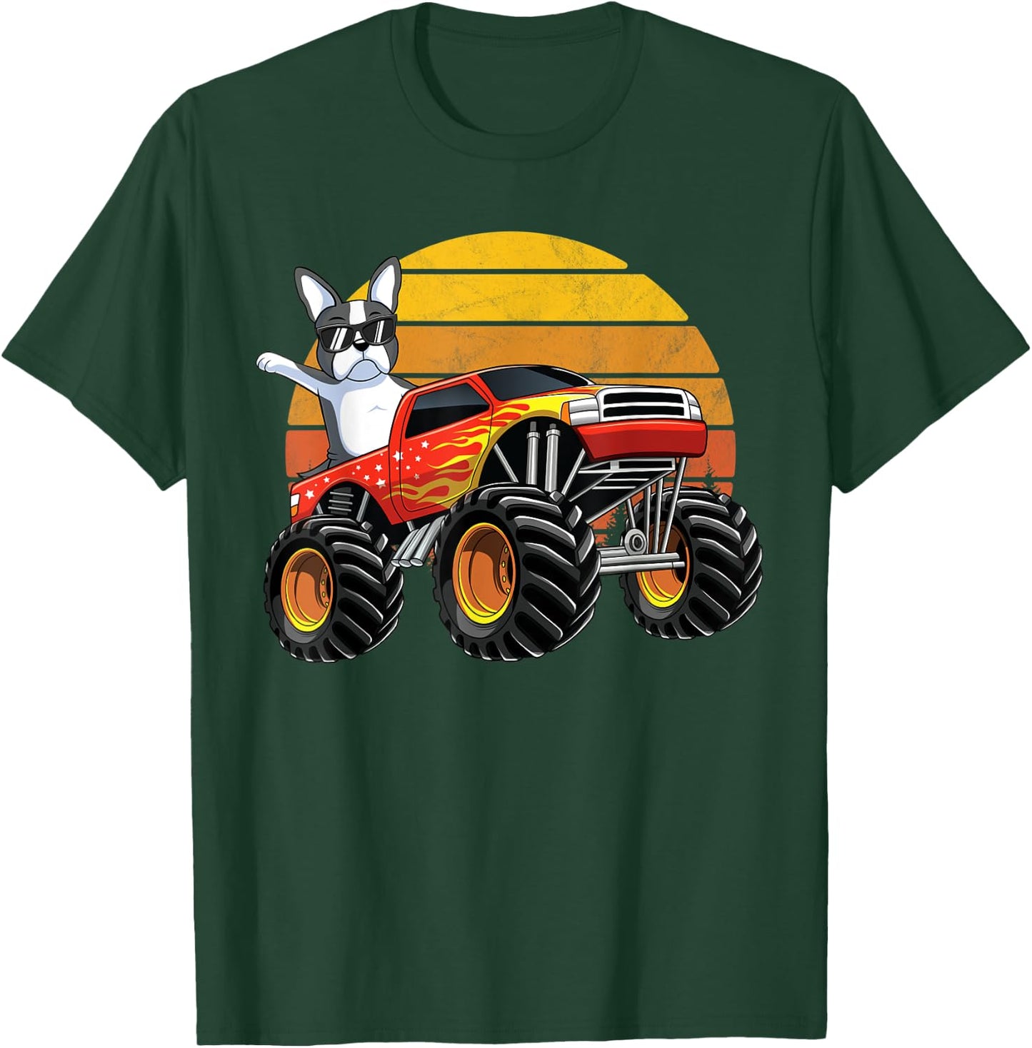 Monster Truck Boston Terrier Dog Retro Sunset Boys Kids Gift T-Shirt - T-Shirt | Forest