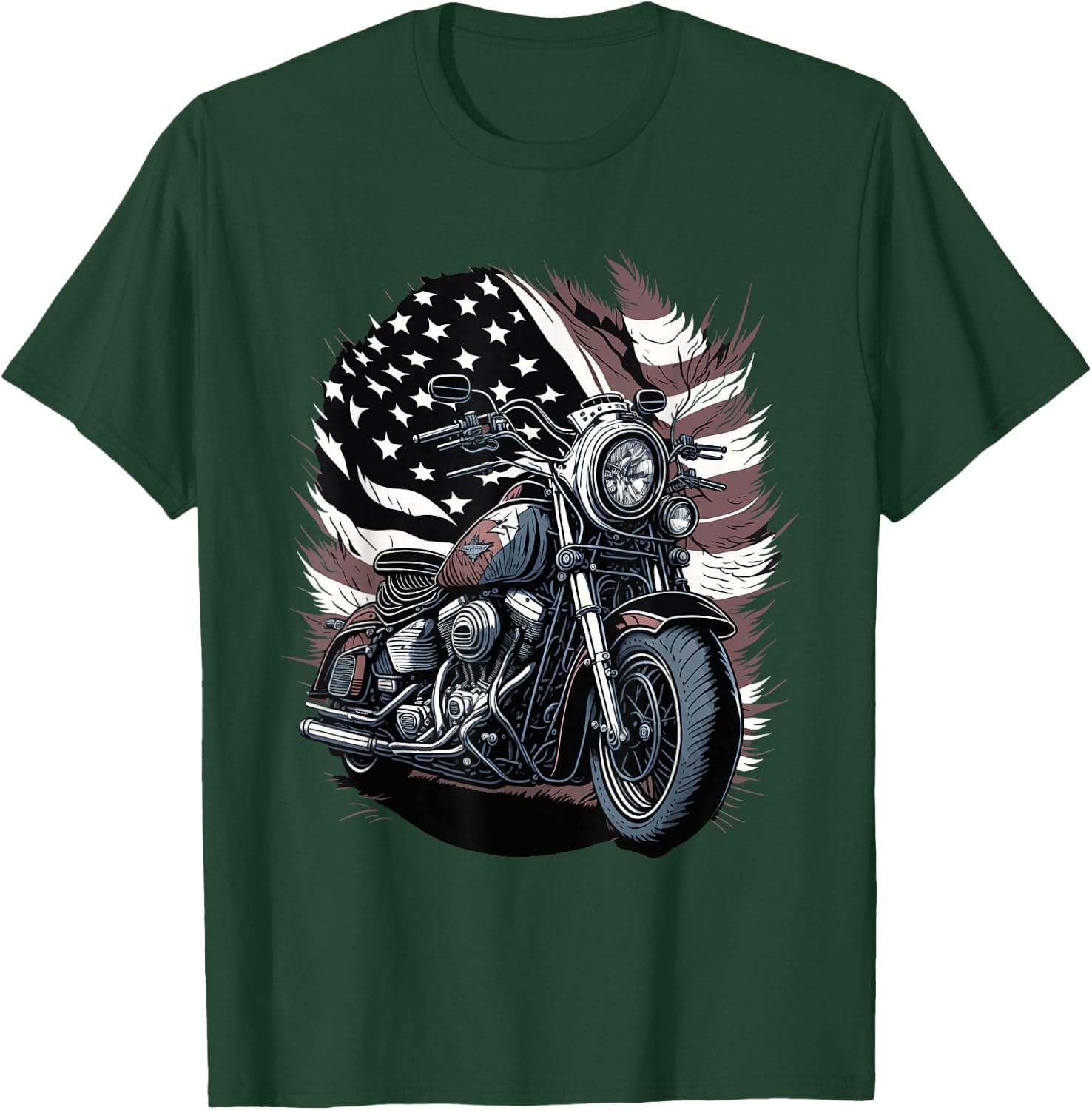 Motorcycle Vintage American Flag 4th of July Retro Biker T-Shirt - T-Shirt | Forest