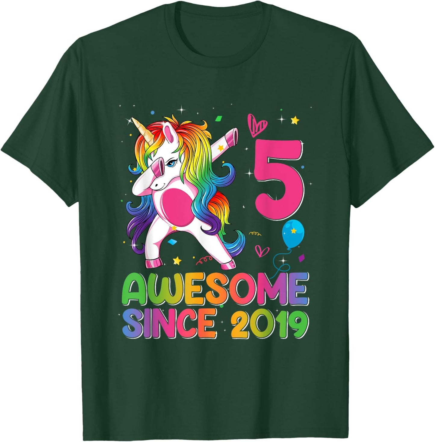 5 Years Old Awesome Since 2019 5th Birthday Unicorn Girls T-Shirt - T-Shirt | Forest