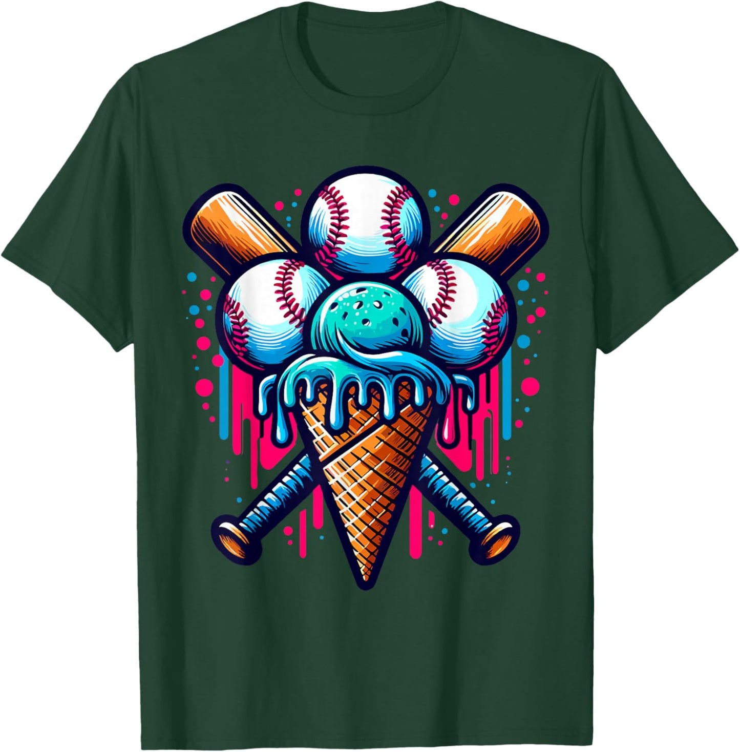 Baseball Ice Cream Watercolor Sports Lover Ice Cream Cone T-Shirt - T-Shirt | Forest