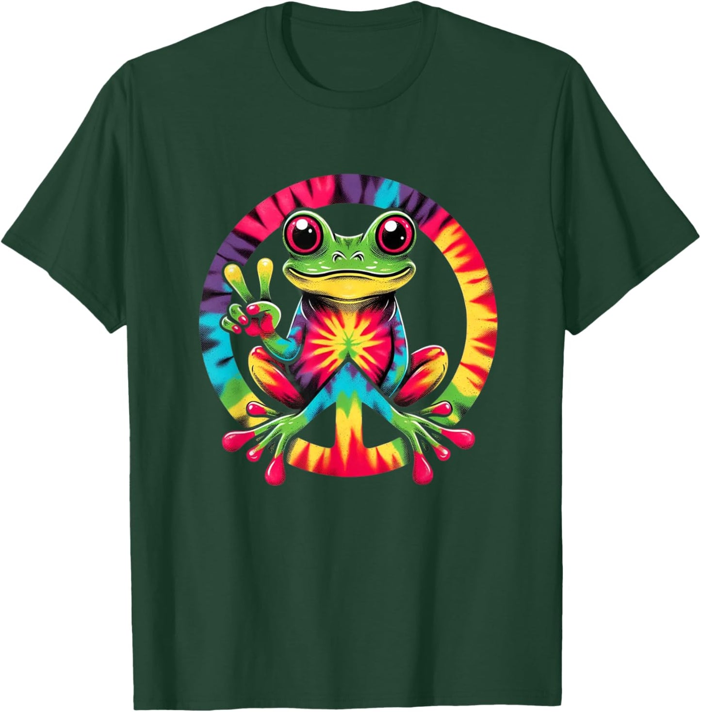 Colorful Tie Dye Collection Tie-Dye Frog Holding Peace Sign Funny Hippie T-Shirt - T-Shirt | Forest