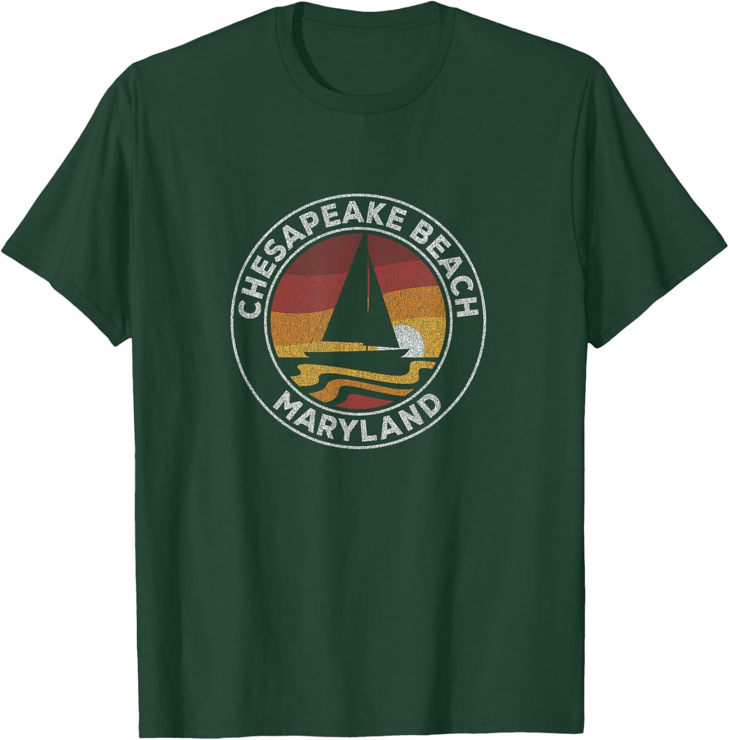 Chesapeake Beach Maryland Vintage Sailboat 70s Retro Sunset T-Shirt - T-Shirt | Forest