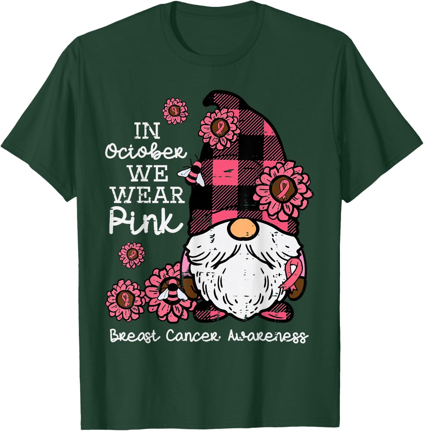 Breast Cancer Awareness Gnome October Wear Pink Women Men T-Shirt - T-Shirt | Forest