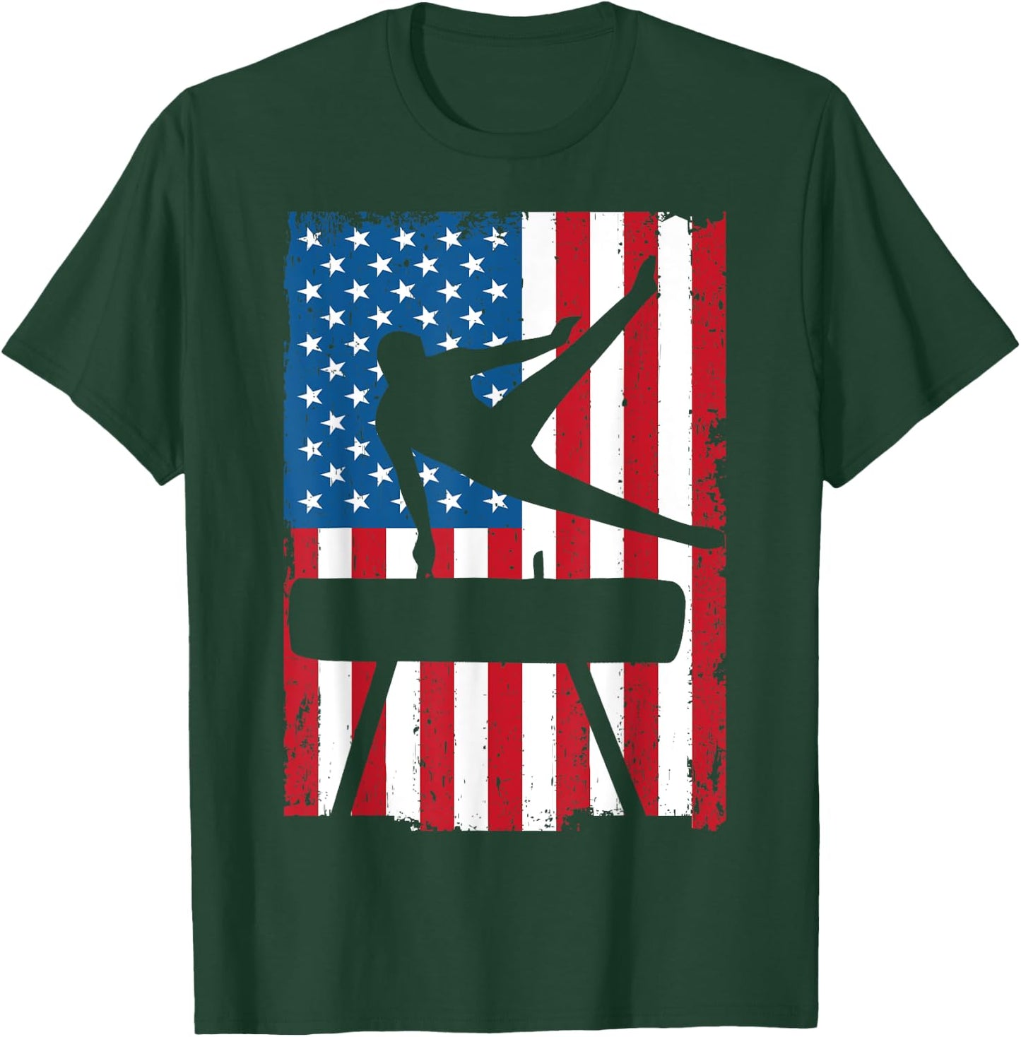 Gymnastics Pommel Horse American Flag Vintage Sports USA T-Shirt - T-Shirt | Forest